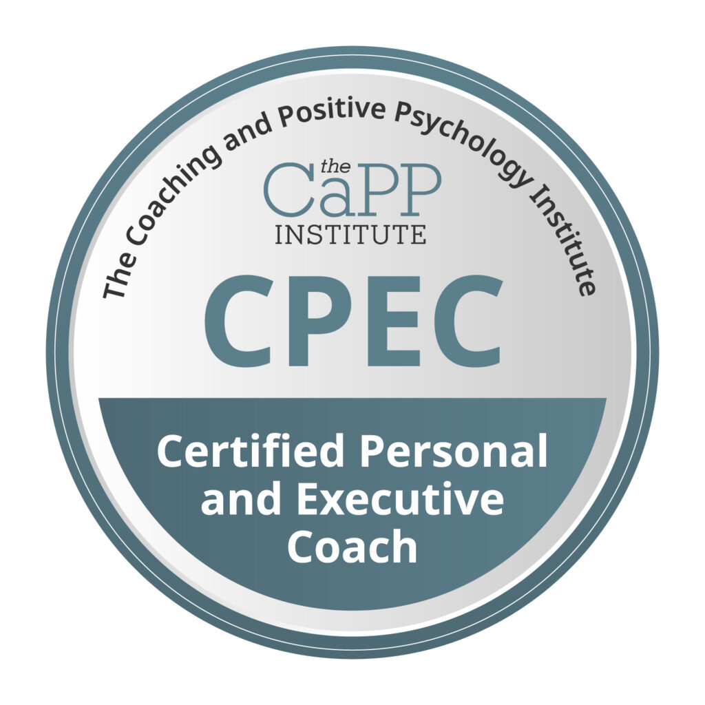 A round badge with The Coaching and Positive Psychology Institute around the edge, and text in the center: the CaPP Institute CPEC Certified Personal and Executive Coach.