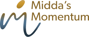 Logo for Midda’s Momentum featuring a stylized, gold and blue brushstroke M symbol and the brand name in gold and blue text on a transparent background.