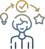 Line art of a person with icons above their head: a lightbulb, a checkmark, and a star, connected by arrows, symbolizing ideas, achievement, and excellence.